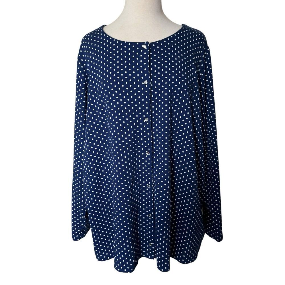 Quacker Factory Navy Polka Dot Knit Cardigan Shirt Rhinestone Snap Top Size 2X